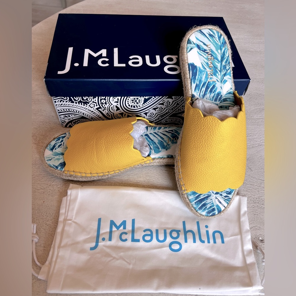 J.McLaughlin Aries Espadrille Leather Slides in Lemon Zest yellow blue - Sz 7